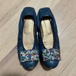 FSNY Women's Blue Flats with Embellished Floral Bow Size 7 1/2